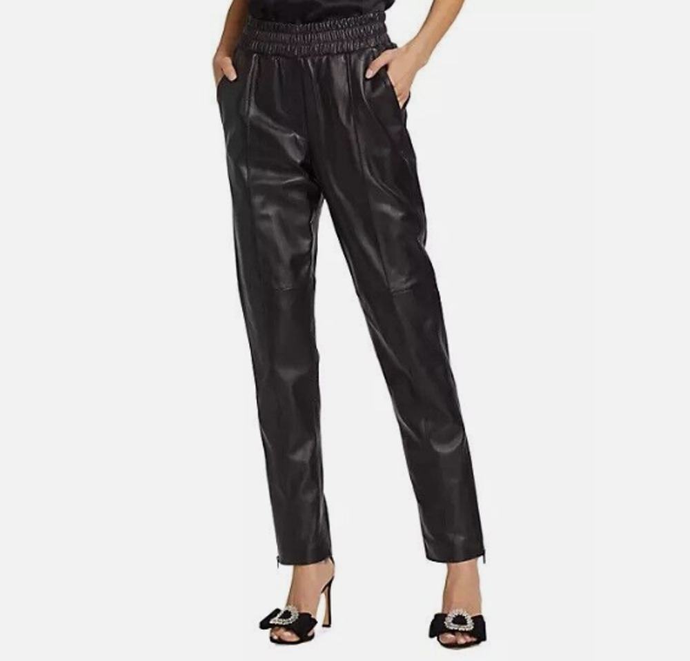 CINQ A SEPT Women's Pull-On Pants 8 Black Real Napa Leather Zipper Hem FLAW